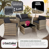 TecTake® Salon de Jardin Exterieur en Résine ressée 4 Places Table de Jardin, 1 Canapé de Jardin, 2 Fauteuil Jardin, Coussins Inclus, Mobilier de Jardin - Marron Naturel/Gris foncé