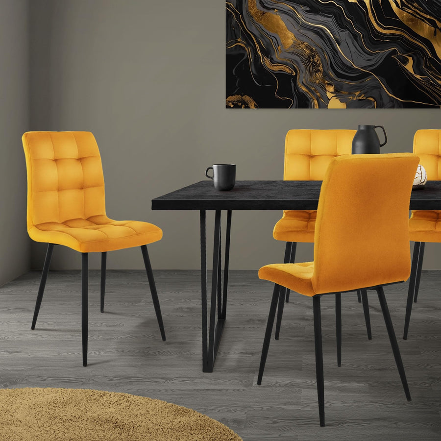ML-Design Set de 4 Chaise de Salle à Manger, Jaune Moutarde, Revêtement en Velours, Pieds en Métal Noir, avec Dossier Ergonomique, Design Moderne, pour Le Salon Bureau Chambre Cuisine Table à Manger