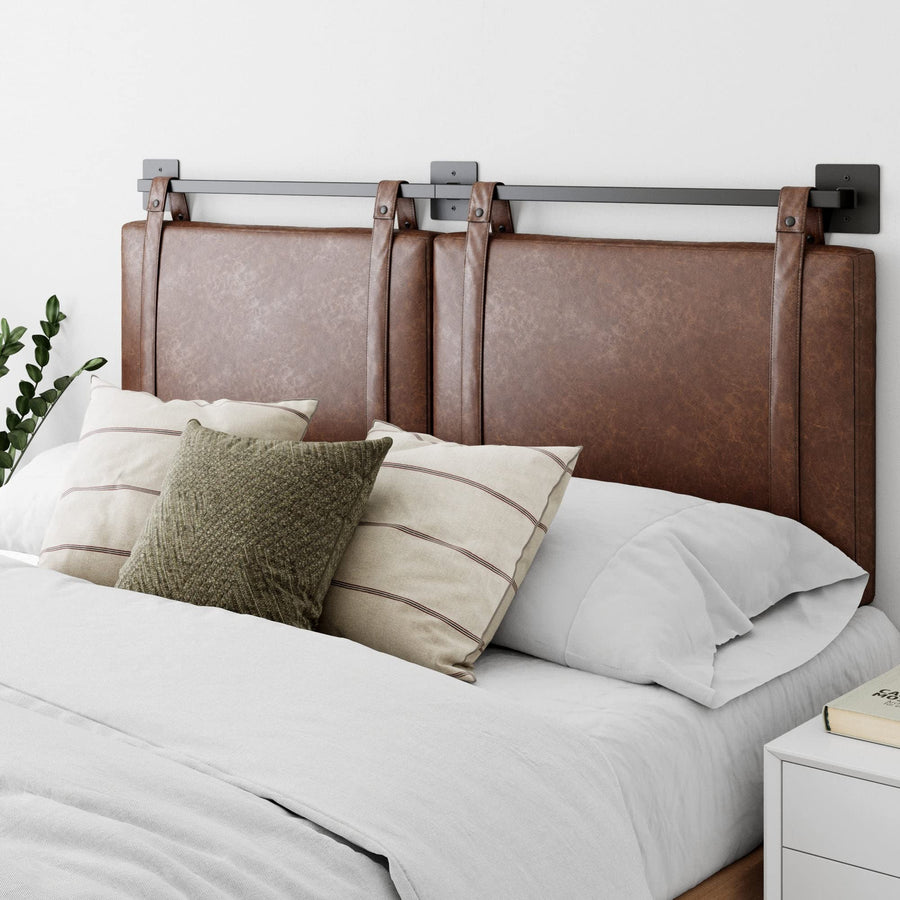 Nathan James Harlow Tête de lit rembourrée en Tissu avec Sangles en Cuir PU Vintage et Rails en métal Noir Mat, Métal Cuir, Marron/Noir, Queen Size