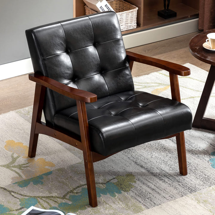 HomeMiYN Fauteuil Salon Vintage en Cuir, Fauteuil en Bois Massif, Fauteuil d'appoint Vintage Rembourrage Épais et Dossier Ergonomique pour Salon, Chambre, Café, Bureau Noir