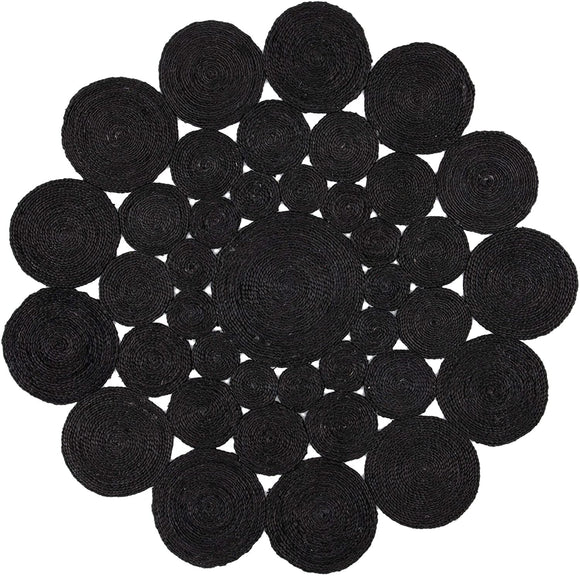 THE PIKKU INTERNATIONAL Tapis rond tressé à la main en jute - Tapis rustique pour salon, couloir, couloir, noir, 80 x 80 cm