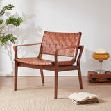 Chaise longue scandinave en cuir tissé cognac - Style bohème - Pour salon, chambre à coucher, balcon, véranda - En cuir synthétique marron