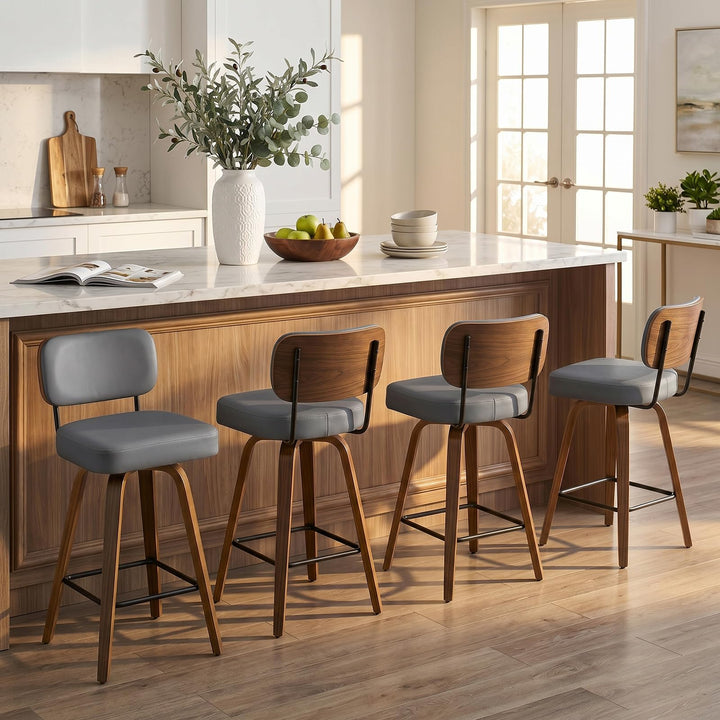 Bekrvio Lot de 4 tabourets de Bar pivotants à 360° avec Dossier, 65 cm de Hauteur d'assise - en Cuir synthétique et Bois Massif - 4 Pieds - pour Cuisine et comptoir - Chaise de Bar pivotante avec