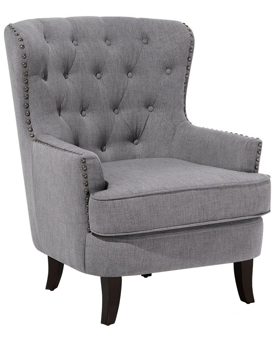 Fauteuil Chesterfield En Tissu Gris Clair Haut Dossier à Clous Pieds Courbes Viborg