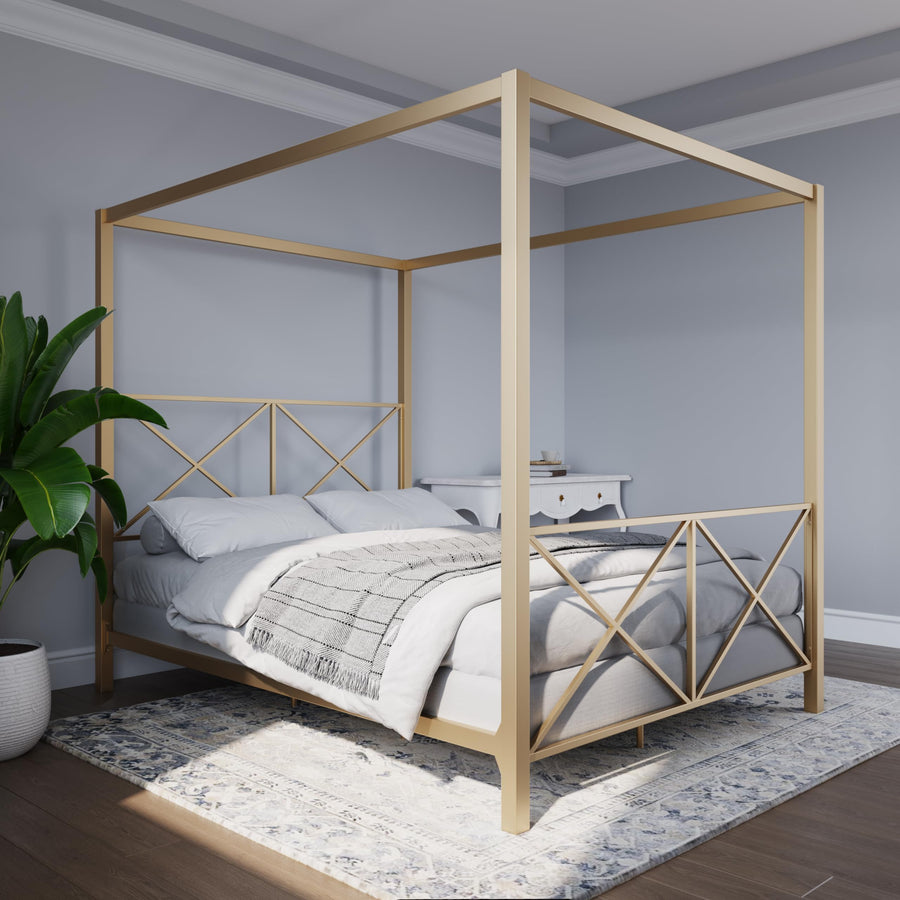DHP Rosedale Cadre de lit à baldaquin en métal avec quatre affiches et tête de lit et pied de lit géométriques accentués, espace de rangement sous le lit, lit double, doré