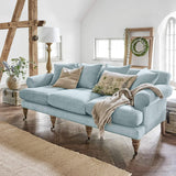 Loberon Canapé Kazimir, rembourrage de qualité, pieds tournés à la main, avec quatre coussins, meubles d'assise, bois de manguier, velours de coton, fibres de polyester, bleu