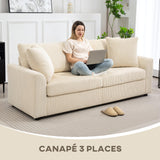 HOMCOM Canapé 3 Place Velours côtelé 212 cm, canapé Moderne avec 2 oreillers Inclus, Coussins à Ressorts, accoudoirs et Dossier rembourrés, Sofa pour Salon, Chambre, Bureau, crème