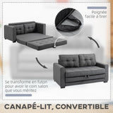 HOMCOM Canapé Convertible 2 Places canapé-lit avec Dossier capitonné, Coussins et Matelas Pliable au Sol, canapé en Tissu Effet Lin pour Salon, Chambre d'amis, 147,5 x 75 x 85 cm, Gris
