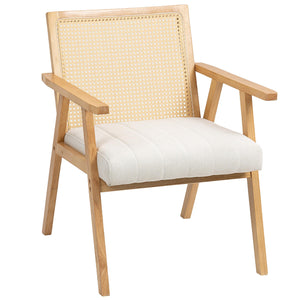 HOMCOM Fauteuil Relax pour Salon Chambre Confortable, Chaise cannage avec Dossier en rotin et Coussin rembourré et accoudoirs, Bois Naturel