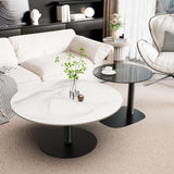 FATIVO Lot de 2 Tables Basses Gigognes: Table Basse Ronde de Salon Design Table à Café Moderne en Pierre Frittée Blanche avec Petite Table Basse en Verre Grise - 80x38.5cm + 50x45cm