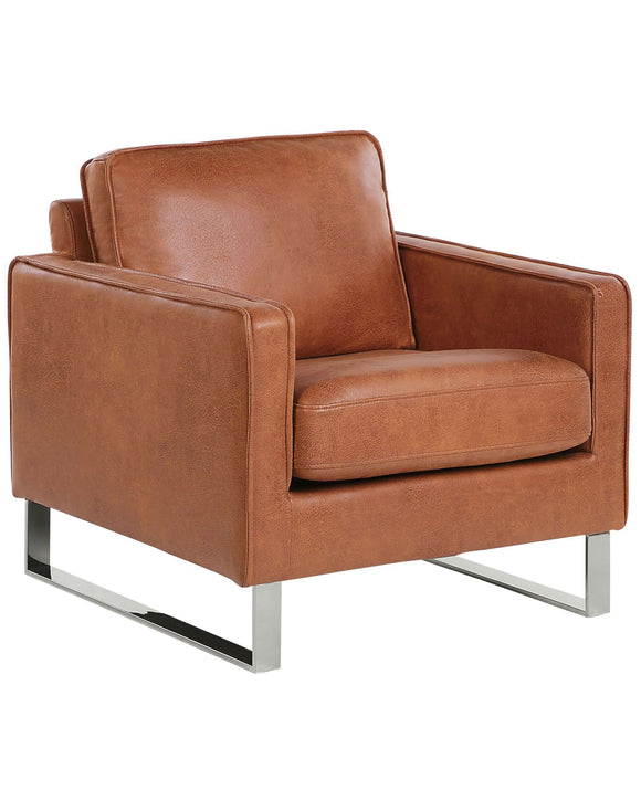 Fauteuil Tapissé en Cuir PU Marron sur Cadre en Acier Inox Design Ultra Moderne Idéal pour Salon au Style Contemporain Beliani