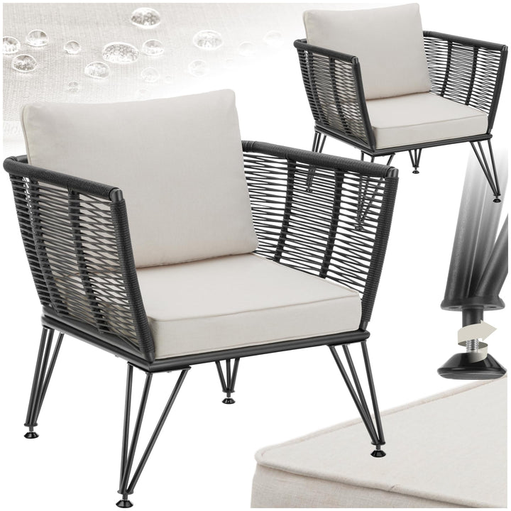 tectake® Lot de 2 Fauteuil Salon Fauteuil Exterieur Chaise de Jardin en Résine tréssée pour Salon de Jardin Exterieur, Coussins Inclus, Amenagement Balcon Terrasse