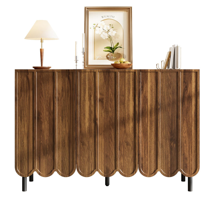 I0I&I0I Buffet moderne 120 x 35 x 80 cm, aspect bois, sans poignée, avec portes ondulées, étagères réglables, espace de rangement pour salon, couloir et salle à manger (noyer)
