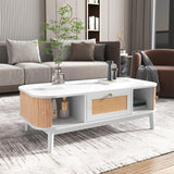 Sweiko Table basse en rotin blanc avec tiroirs en rotin et portes coulissantes avec lattes en bois massif, pieds en bois massif, 110 x 55 x 38,5 cm (L x l x H)