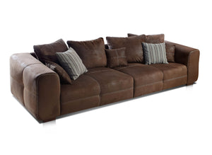 Cavadore Mavericco Grand Canapé avec Coussins de Dossier et Coussins Décoratifs, Revêtement en Microfibre Antik, Aspect Cuir Vieilli, 287 x 69 x 108 cm, Marron