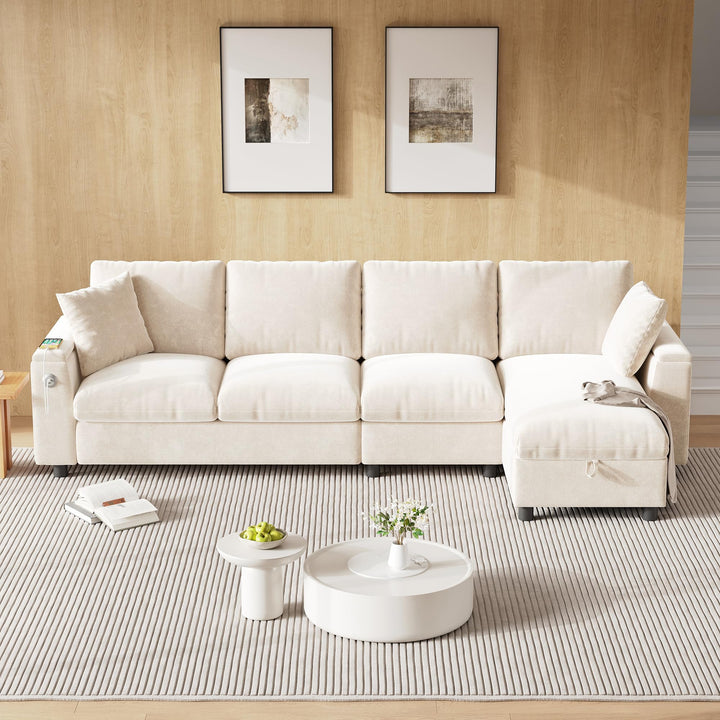 Canapé d'angle avec Fonction Couchage, Espace de Rangement, L Forme Canapé 4 Places, Table Basse Rabattable, 2 Porte-gobelets, Compartiments de Rangement et Ports USB+Type C, 280*137*84 cm (Blanc)