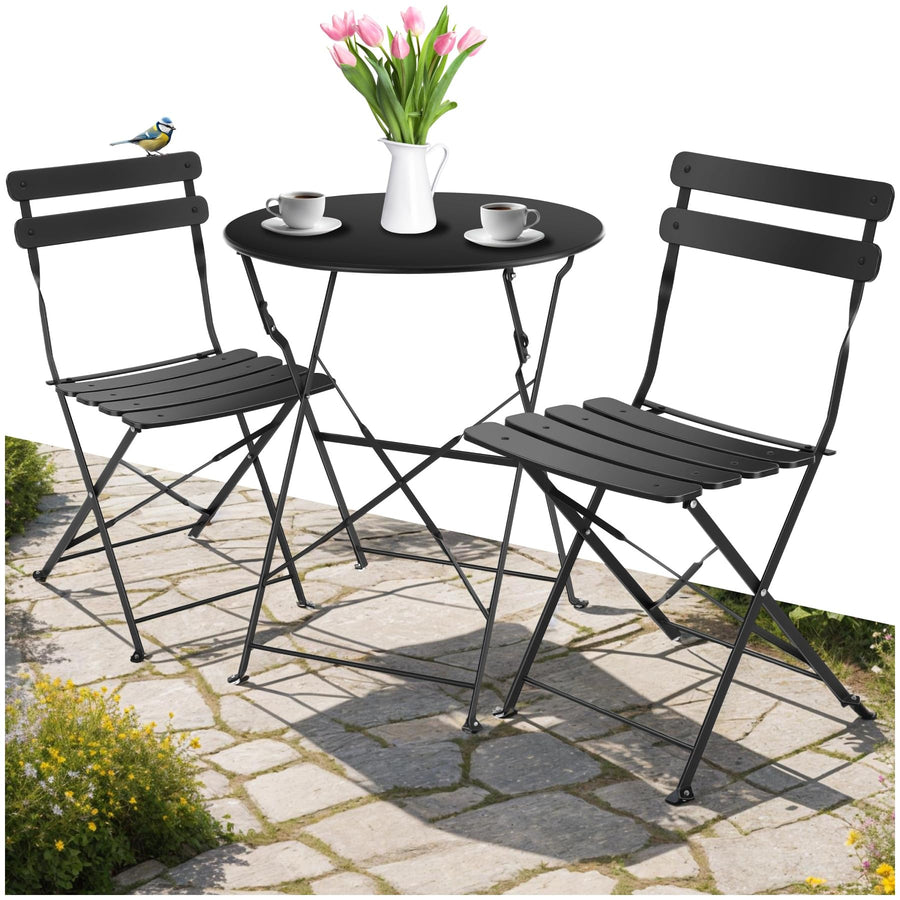 TecTake® Ensemble Table Ronde et Chaises Pliantes Table de Bistrot Bar Salon de Jardin Exterieur 2 Personnes, Structure en Acier lâqué époxy, Mobilier de Jardin Amenagement Balcon Terrasse Jardin