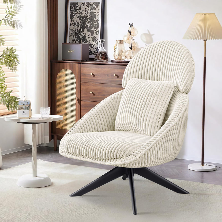 Ckaff Fauteuil Salon Relax Pivotant à 360°, Fauteuil Rembourré Chambre à Coucher avec Coussin épais Amovible, Fauteuil de Bureau Fauteuil de Lecture pour Salon Chambre à Coucher Bureau, Beige