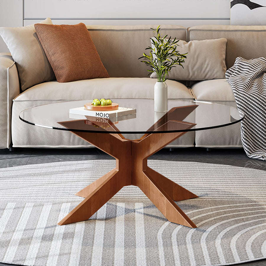 Table basse ronde en verre avec base en bois écrasé, tables d Table basse ronde en verre avec base en bois écrasé, tables d'appoint modernes en verre trempé, table de salon pour le salon, petite table ronde, simple et belle (transparent, 80 cm)