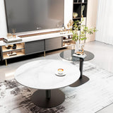 FATIVO Lot de 2 Tables Basses Gigognes: Table Basse Ronde de Salon Design Table à Café Moderne en Pierre Frittée Blanche avec Petite Table Basse en Verre Grise - 80x38.5cm + 50x45cm