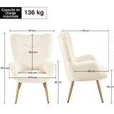 Yaheetech Fauteuil de Salon en Tissu Bouclette avec Pieds en Bois Chaise de Relaxation Fauteuil Pliable à Haut Dossier Enveloppant Ivoire