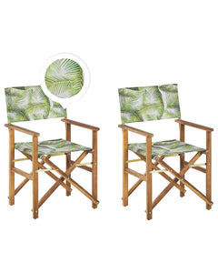 Lot de 2 Chaises Pliables Bois d'Acacia et Textile Gris/Motif Feuilles Tropicales Cine