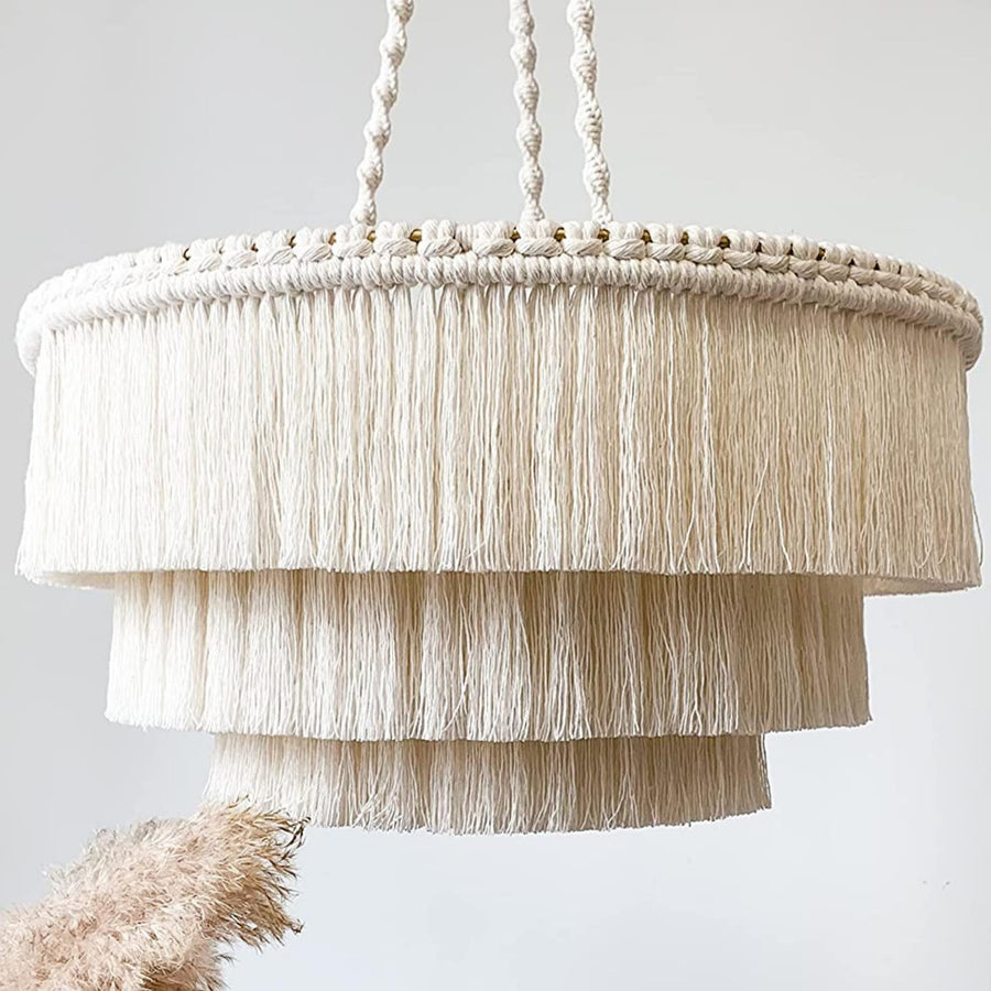 LAGOM Lustre bohème à 3 lumières à franges fait à la main, plafonnier bohème à franges en coton, 58,4 cm de large, couleur blanc crème