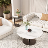 FATIVO Lot de 2 Tables Basses Gigognes: Table Basse Ronde de Salon Design Table à Café Moderne en Pierre Frittée Blanche avec Petite Table Basse en Verre Grise - 80x38.5cm + 50x45cm