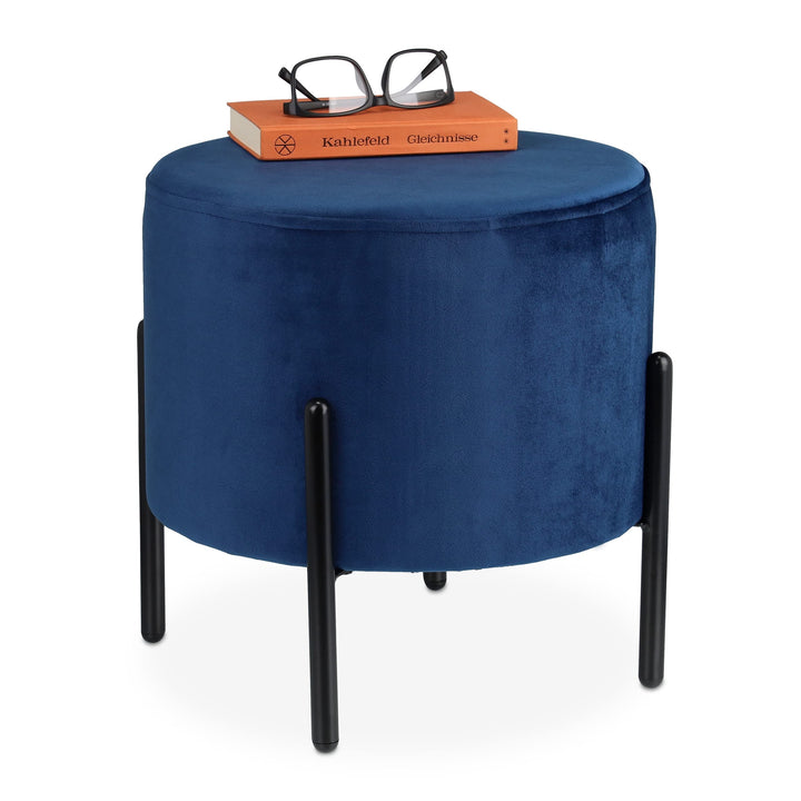 Relaxdays Pouf en Velours, Tabouret Rond, matelassé, Pieds en métal Noir, HxD : 38,5x40,5 cm, siège Tissu, Bleu