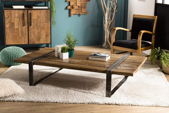 MACABANE LEONCE - Table Basse Multi-Planches Marron Bois Massif cerclée métal Gris Anthracite