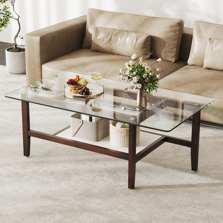 COSTWAY Table Basse Verre Trempé 2 Niveaux, Table Basse Rectangulaire, Pieds en Bois d COSTWAY Table Basse Verre Trempé 2 Niveaux, Table Basse Rectangulaire, Pieds en Bois d'Hévéa, 107 x 60 x 42 cm