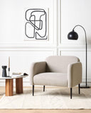 Fauteuil en Tissu Lin et Polyester Taupe Pieds en Métal Noir Hauts Accoudoirs Stouby