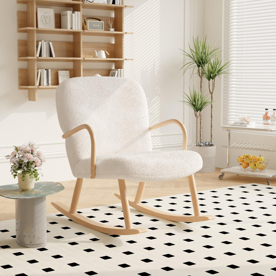 LONELYO Rocking Chair Sherpa Blanc cassé avec accoudoirs en Bois, avec Pieds en hêtre Massif, Convient pour Salon Chambre Appartement (Pas de pédales)