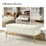 HULALA HOME Banc de Rangement Moderne en Velours avec Base dorée et Garniture cloutée, Banc de Chambre rembourré pour Bout de lit, Repose-Pieds capitonné pour entrée, Salon, Salle à Manger,Blanc