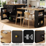 DHHU Îlot Central Cuisine avec Plan de Travail Extensible 122.5–195.5 cm, Table de Bar avec 3 Tiroir et 1 Porte de Rangement, Espace Rangement de Ouvert, pour 2-6 Personnes (Noir-6S)