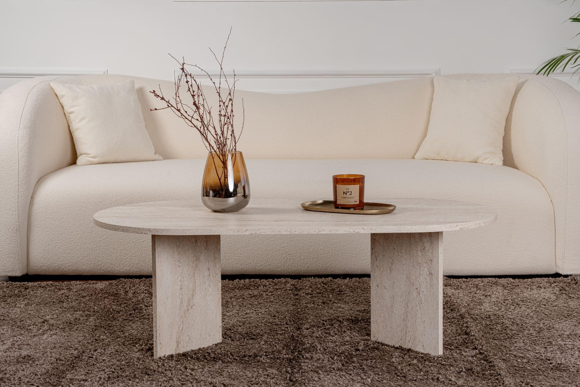 Hanah Home Table à Café Élégante Travertine 80x50x40 Cm - Meuble Salon Moderne Avec Rangement Et Fixation Murale