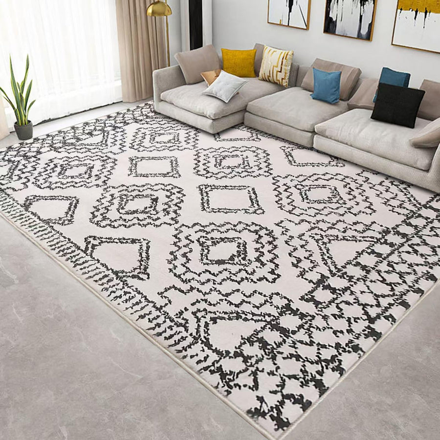 Leesentec Tapis Salon Abstrait Moderne à Motif Géométrique - Poil Court, Doux pour Chambre - Noir, Blanc, Beige, Ivoire (Ivoire/Noir, 200 * 250cm)