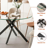 Binrrio Table de salle à manger ronde en verre de 120 cm, table de cuisine moderne pour 6 personnes avec pieds en métal noir, table de salle à manger transparente pour la maison, le bureau, la salle à