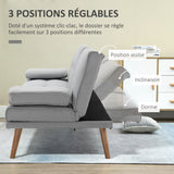 HOMCOM Canapé Convertible 3 Places Design scandinave Inclinaison Dossier réglable 3 Niveaux Dossier Centrale Rabattable 2 Porte-Verres Bois Massif Lin Gris Clair