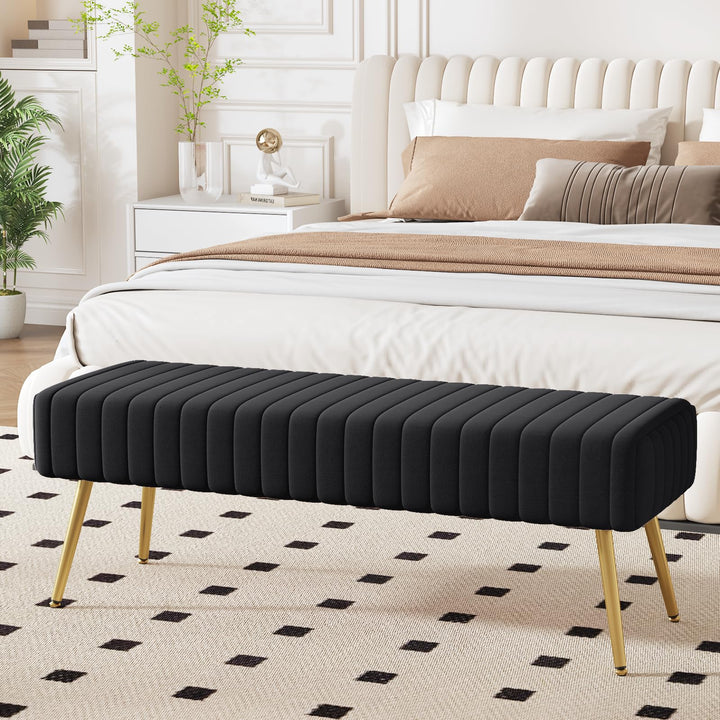 Ckaff Banc Bout de Lit Banquette, Banc d' Entrée Capitonnée Assise Rembourré en Velours 113.5x36.5x43cm avec Pieds en Métal pour Entrée Salon Chambre à Coucher, Noir