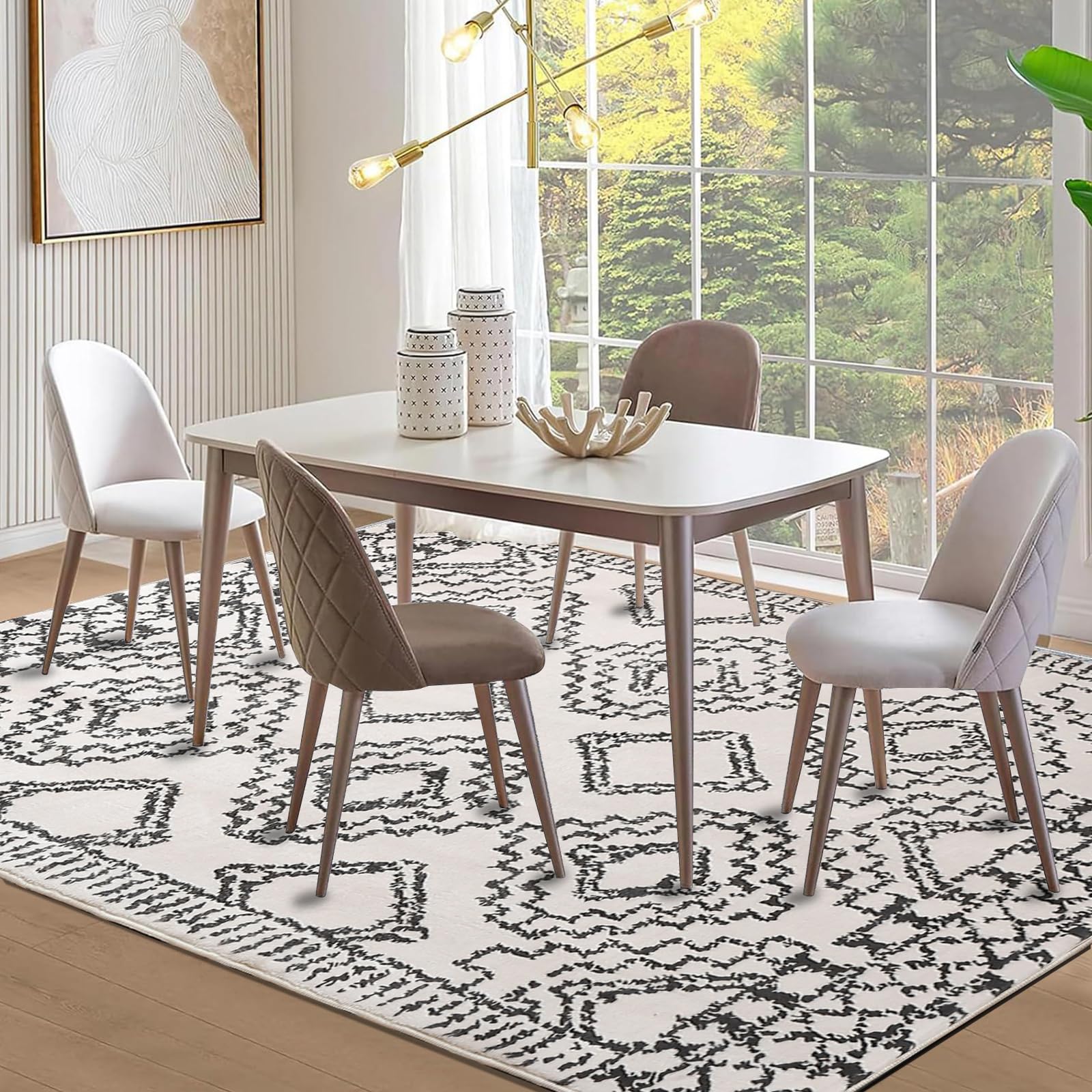Tapis Artistique Bohème Salon Chambre 200x250cm Beige - Poils Courts Antidérapant