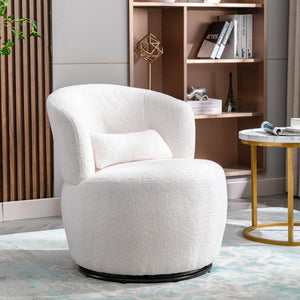 Fauteuil de relaxation pivotant avec coussin lombaire et pied en métal pivotant - Chaise longue rembourrée pour chambre à coucher, salon, coiffeuse, tissu peluche blanc Teddy - Charge maximale : 100