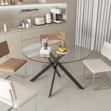 Binrrio Table de salle à manger ronde en verre de 120 cm, table de cuisine moderne pour 6 personnes avec pieds en métal noir, table de salle à manger transparente pour la maison, le bureau, la salle à