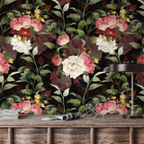 VEELIKE Papier Peint Fleuri Foncé Vintage Papier Peint Fleur Rose Aquarelle Papier Peint Adhesif Mural Botanique Noir Papier Collant pour Meuble Chambre Salle de Bain Armoire Amovible 44,5cm×300cm