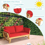 GOPLUS Canapé Lit de Jardin Extensible 2 Places Charge 320 KG, Accoudoirs Réglables, Coussins & Dossier Amovibles, Cadre en Bois d’Acacia Massif, pour Terrasse, Balcon, Parc, Patio（Coussin Rouge）