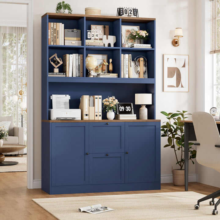 FirFurd Bibliotheque Meuble de Rangement avec Prise/USB, 2 Portes 2 Tiroirs pour Dossiers Suspendus, Armoire Bureau Bibliothèque Livre pour Salon Cuisine 116x40x182cm Bleu