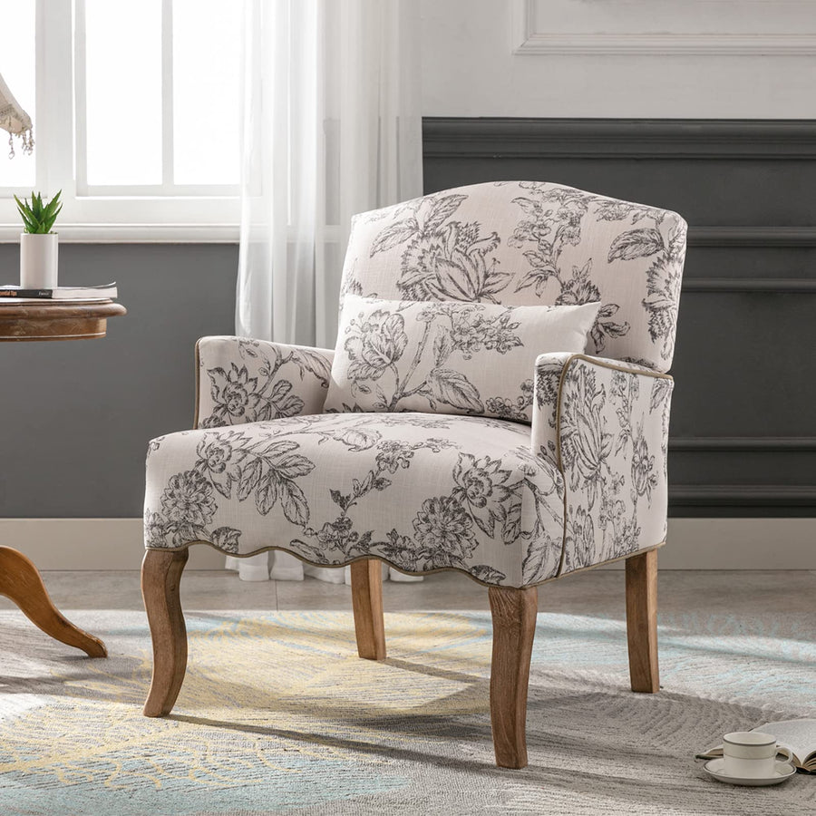 Wahson Fauteuil en Baroque Confortable avec Pieds en Bois, Fauteuil Beige en Lin, Fauteuil Scandinave pour Salon et Chambre, Beige