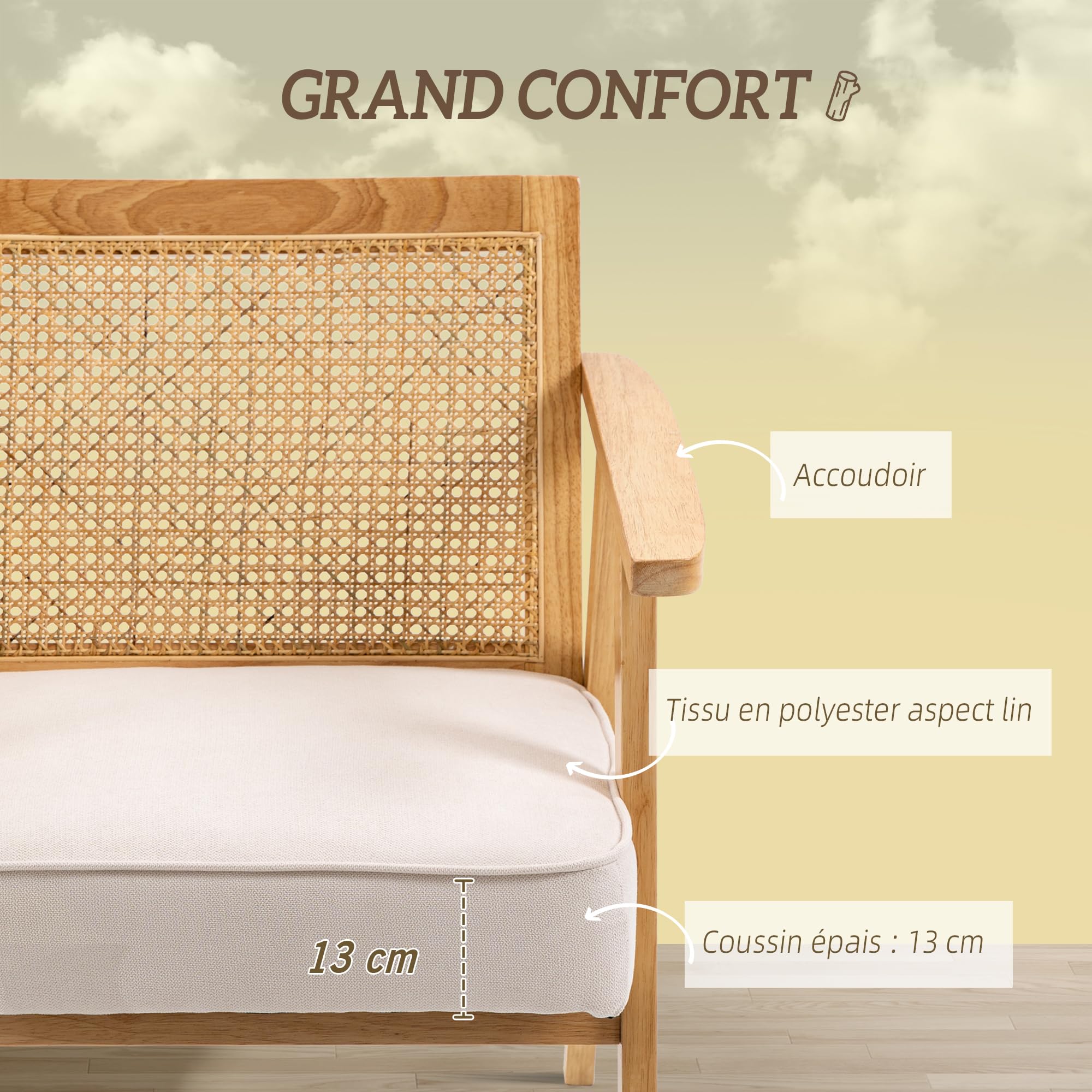 HOMCOM Fauteuil de Salon Confortable, Chaise en rotin avec Dossier en cannage, Coussin épais, Assise Profonde, Structure en Bois hévéa Tissu Aspect Lin Beige