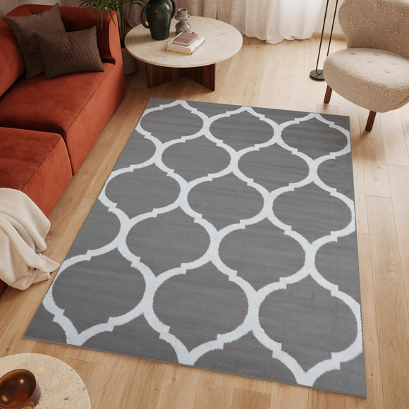 TAPISO Luxury Tapis Poils Ras Moderne Gris Blanc Géométrique Trèfle Marocain Tapis Salon Chambre Adulte Salle à Manger Bureau Oeko-TEX Résistant 160 x 220 cm