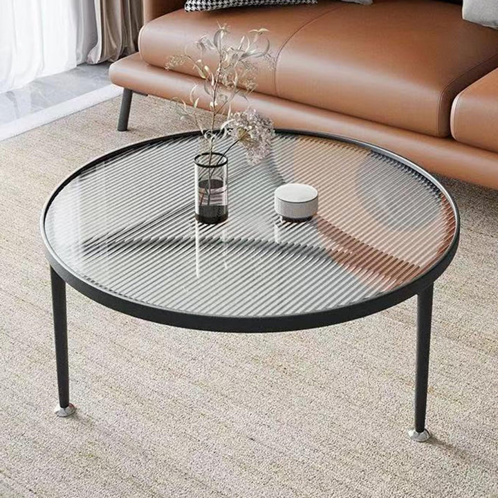 Table basse au design minimaliste – Plateau en verre trempé encastré, cadre en métal, table centrale basse pour salon – Décoration d'intérieur, table ronde à thé/canapé/bout de canapé